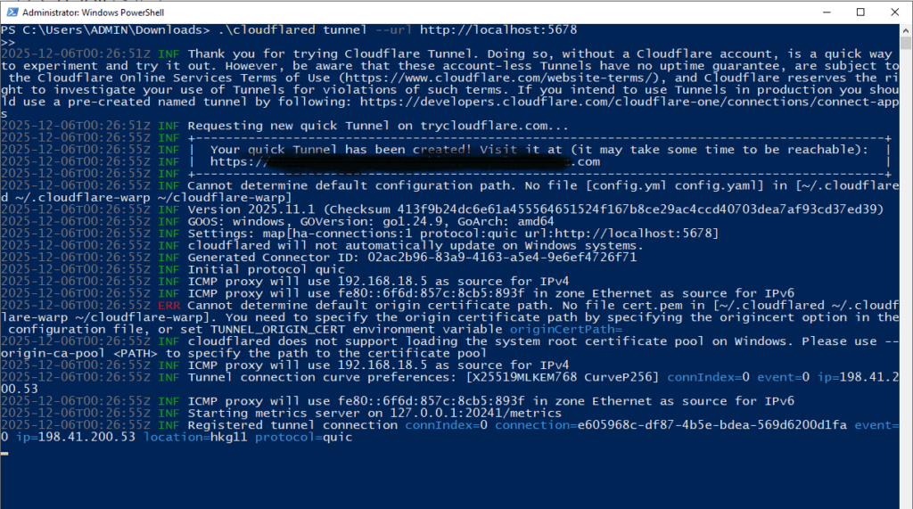 PowerShell running the cloudflared Quick Tunnel command with the --url option to create a temporary TryCloudflare tunnel