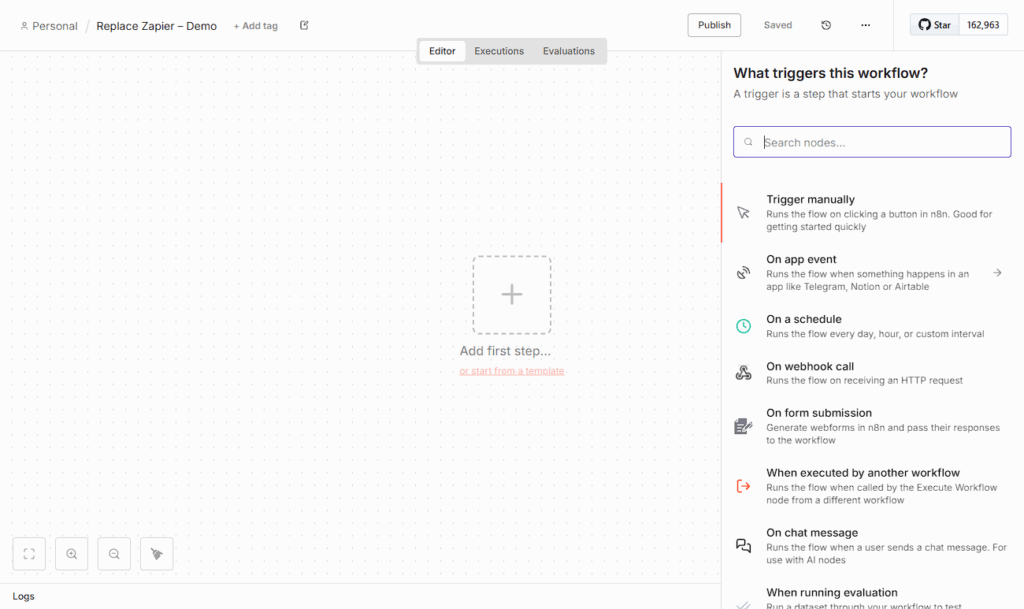 n8n editor showing a new Replace Zapier demo workflow ready to replace Zapier with n8n for Gravity Forms.