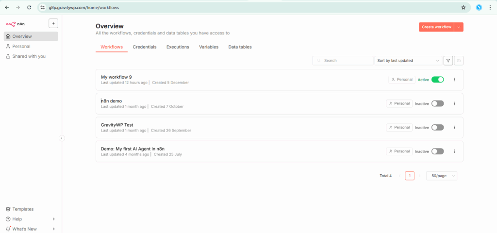 Cloud automation workspace showing workflows list and a Create workflow button