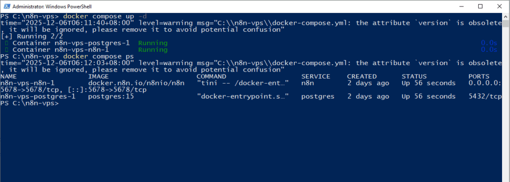 Terminal window running docker compose commands to start application and database containers