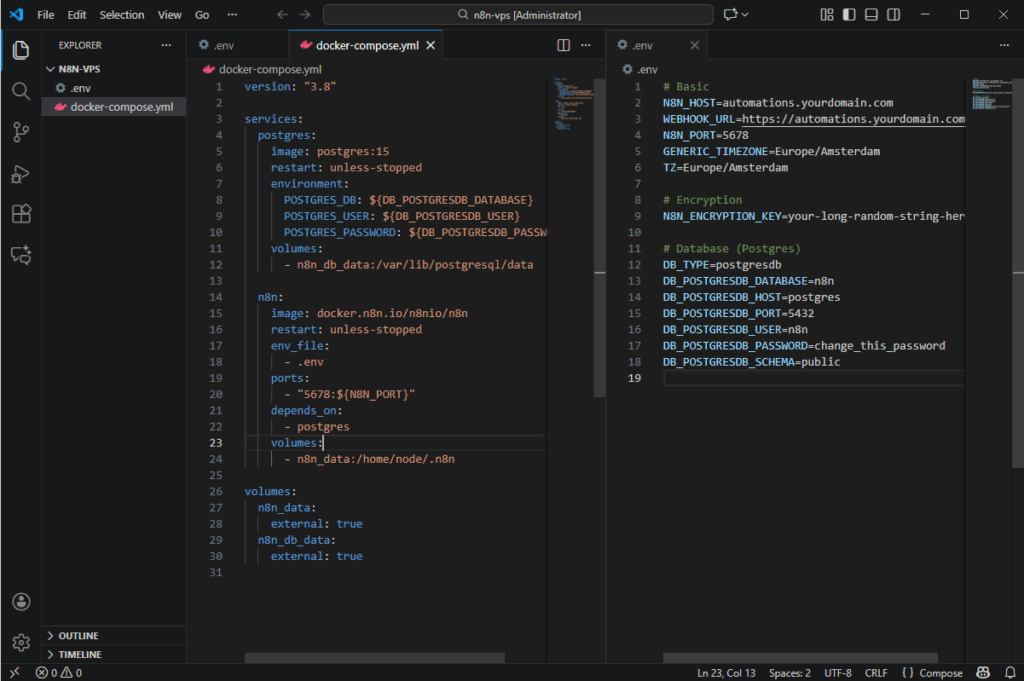 VS Code window showing the Docker Compose and .env files for a self-hosted n8n setup