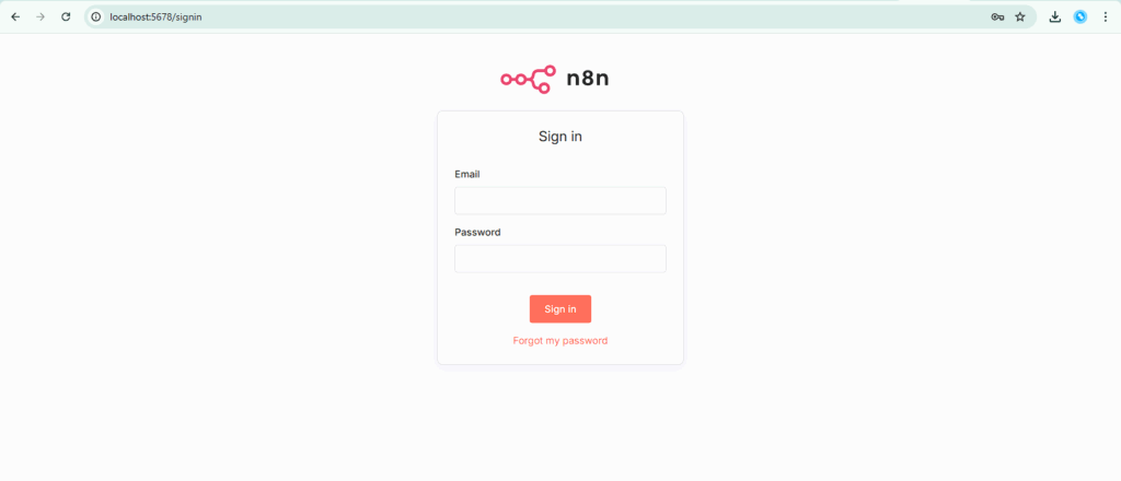 Sign-in screen for a self-hosted n8n instance running on localhost