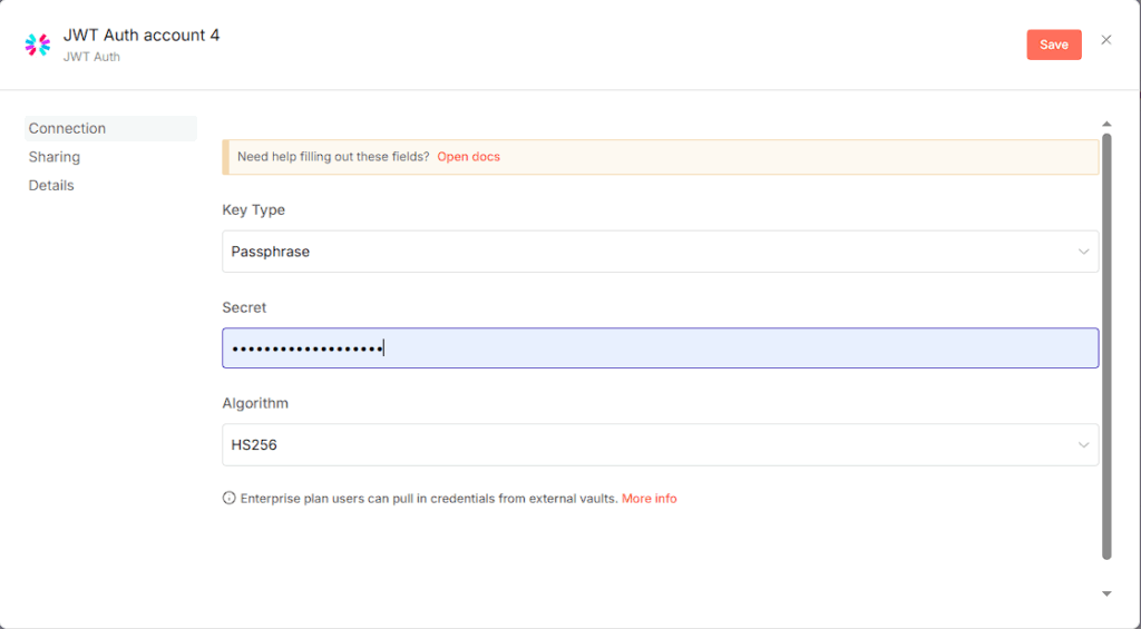 n8n credentials view showing a JWT Auth configuration that matches the GravityWP n8n Connector secret.