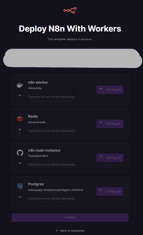 Template page on a hosting platform for deploying an automation stack with workers, Redis, and Postgres