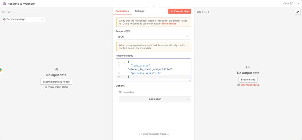 Respond to Webhook node in n8n returning JSON fields like lead_status and priority_score back to Gravity Forms.