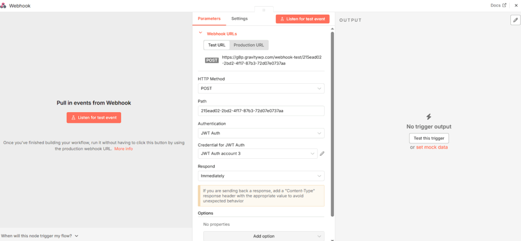 n8n workflow with a Webhook node configured to accept POST requests from Gravity Forms using JWT authentication.