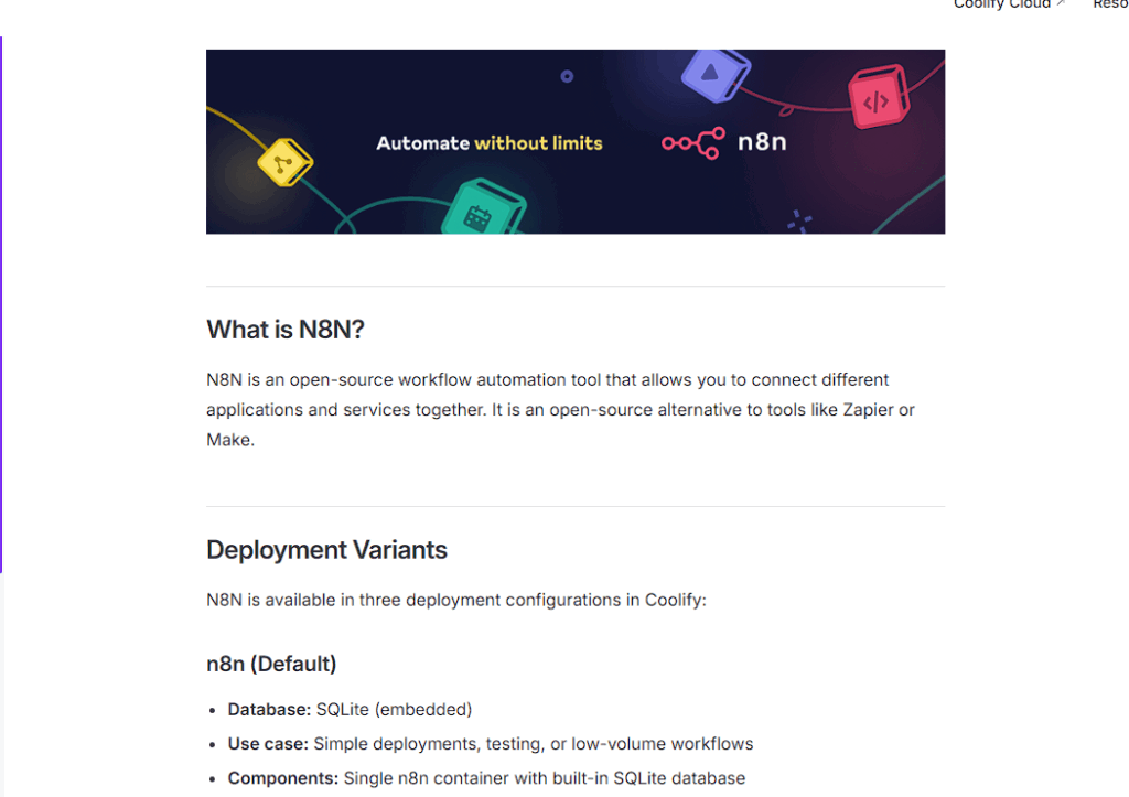 Coolify n8n docs showing What is N8N and deployment variants for the n8n service