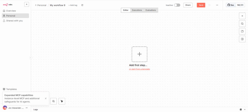 n8n workflow editor screen after logging into a self-hosted n8n instance