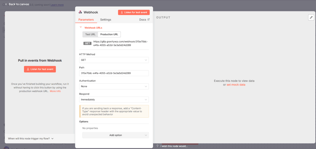 n8n Webhook node showing the Production URL that external tools can call