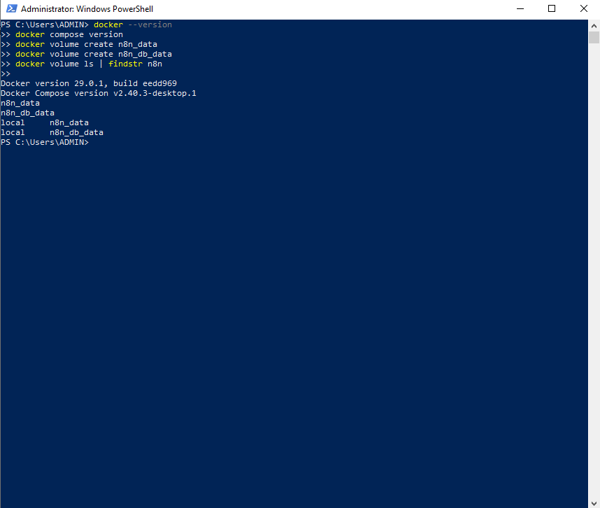 Terminal on an Ubuntu VPS showing Docker and Docker Compose versions and the creation of n8n_data and n8n_db_data Docker volumes.