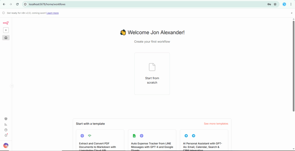 n8n editor home screen showing the “Welcome” message after self-hosting n8n with Docker on a VPS.