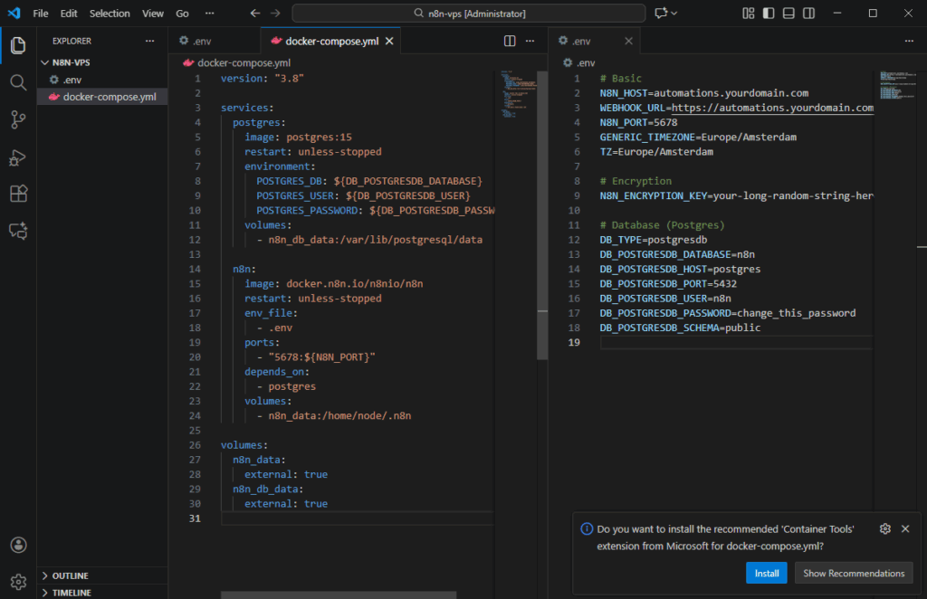 VS Code showing the .env file and docker-compose.yml used to self-host n8n with Docker and Postgres on a VPS.