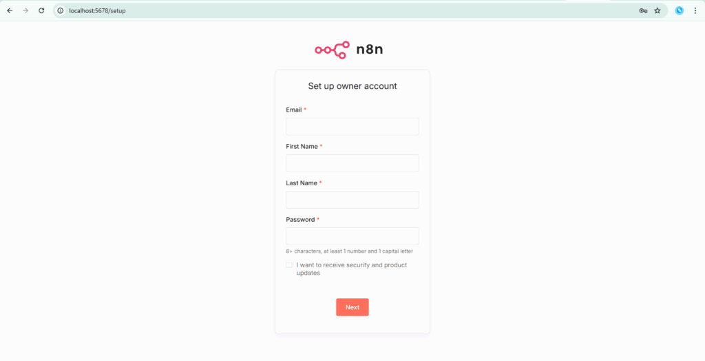 Browser showing the n8n owner setup screen after starting the self-hosted n8n Docker stack.
