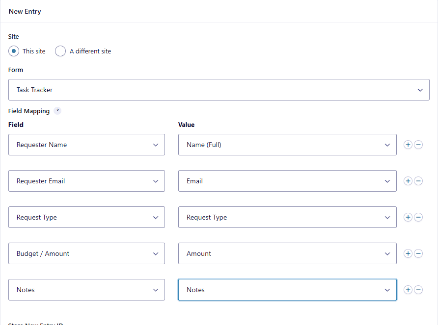 Gravity Flow Create Entry step field mapping from Request Form to Task Tracker