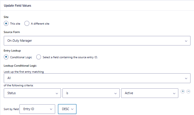 Update Fields step settings with source form, filters, and sorting