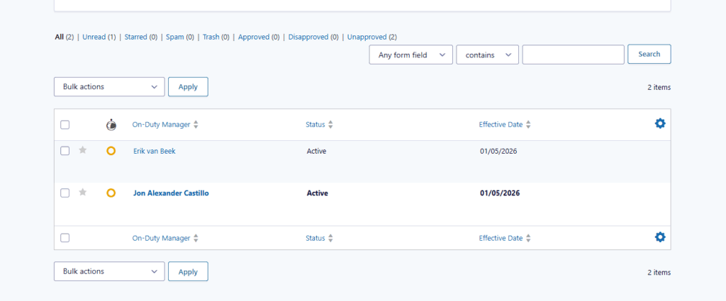 On-Duty Manager entries list showing Active records