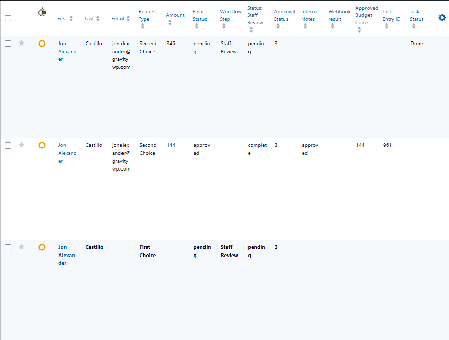 Entries list showing a test record before processing