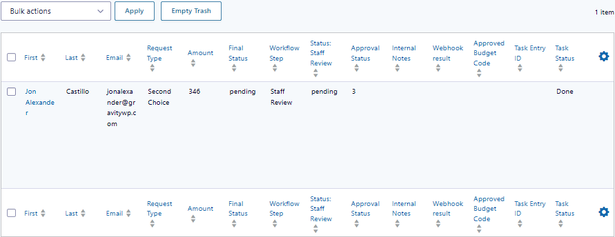 Trash view showing the record after processing