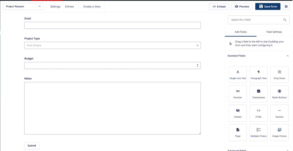 Project Request form fields in the form editor