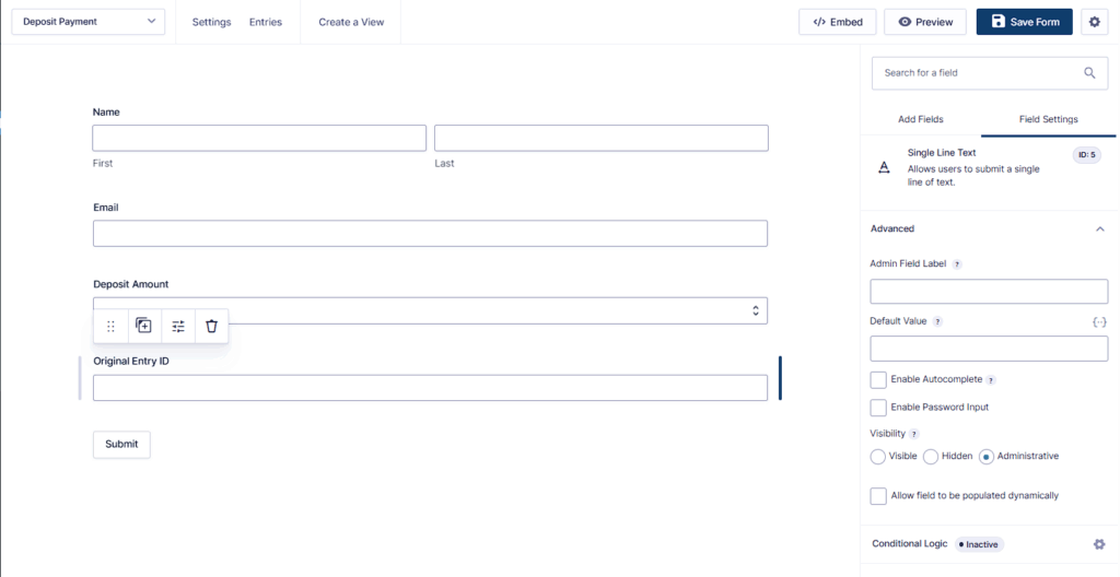 Deposit Payment form fields including a hidden Original Entry ID