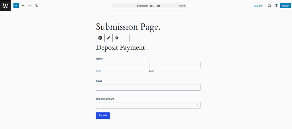 WordPress page with the target form embedded