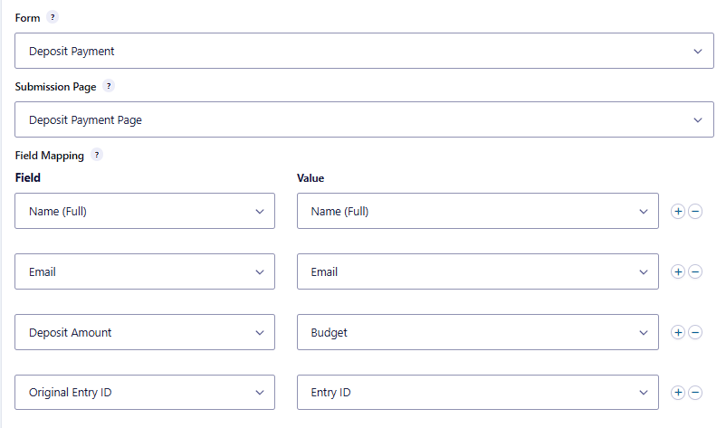 Form Submission step settings showing the target form, submission page, and field mappings (Name, Email, Deposit Amount, Original Entry ID).