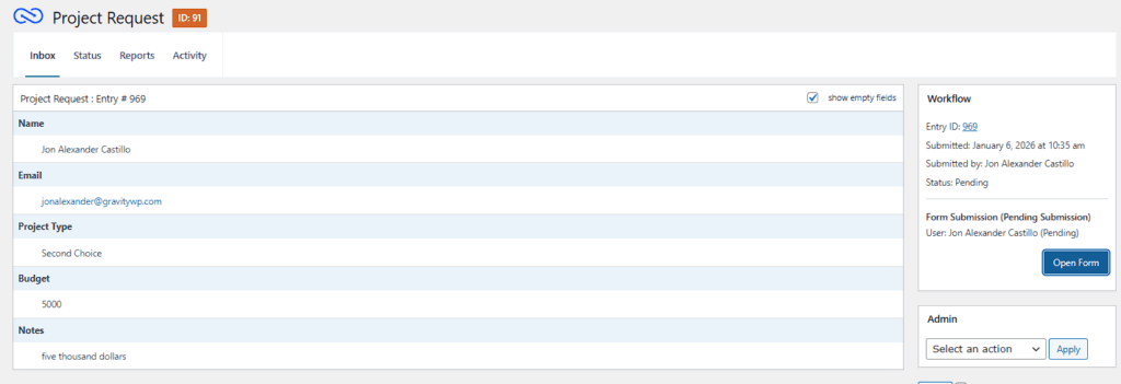 Entry details showing a pending step with an Open Form button