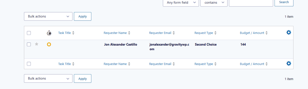 Task Tracker submissions list showing a new record generated from a Request Form submission