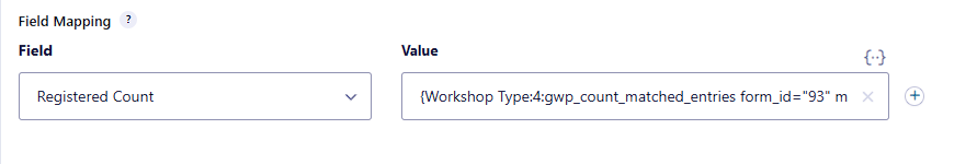 Registered Count field mapping using gwp_count_matched_entries to count registered entries per workshop type