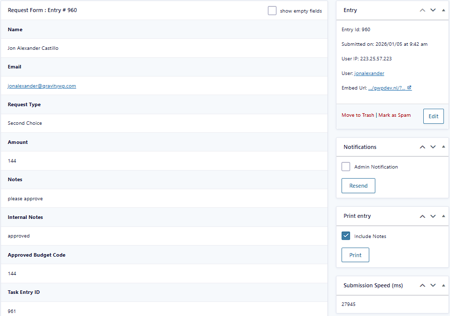 Request Form submission details showing the Task ID populated