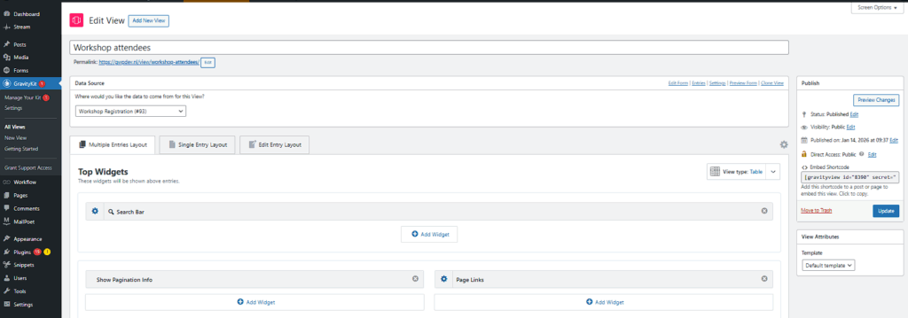 GravityView view editor for Workshop attendees table using the Workshop Registration form as the data source