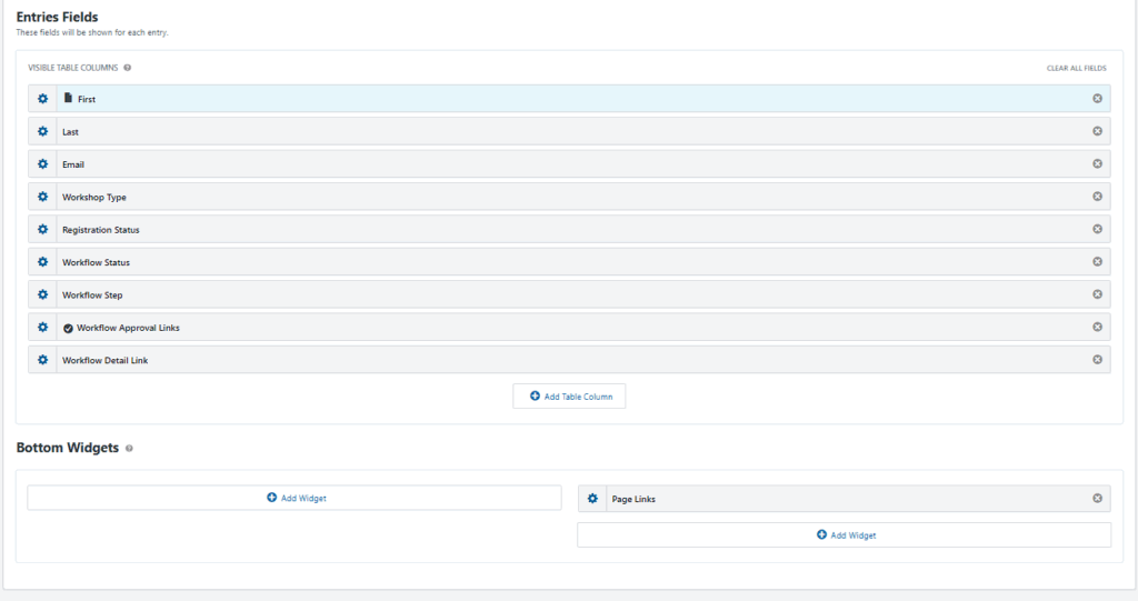 GravityView table columns for workshop waitlist dashboard including Registration Status, Workflow Status, Workflow Step, and Approval Links