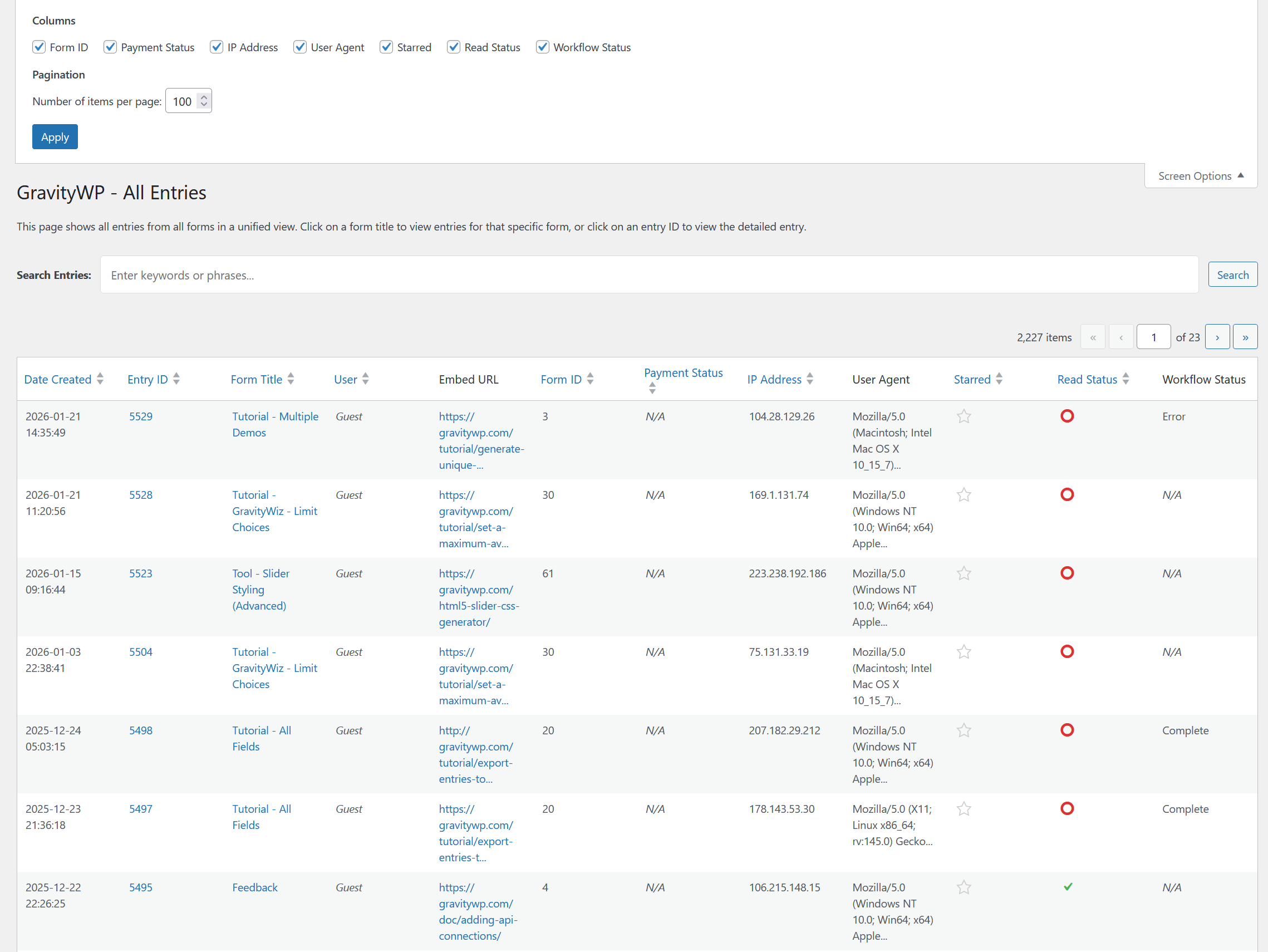Screenshot of the All Entries screen, showing entries of multiple forms.