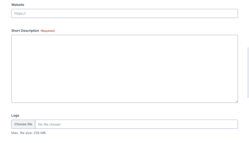 Gravity Forms fields for website, short description, and logo upload