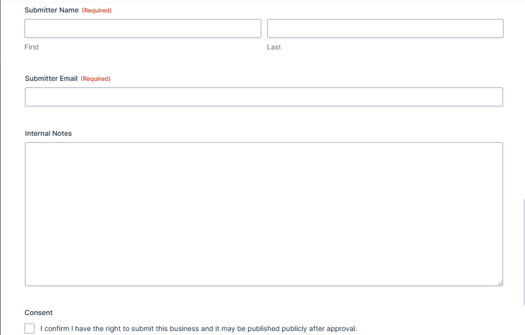 Submitter name, submitter email, internal notes, and consent checkbox in Gravity Forms