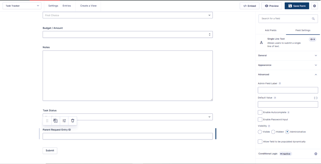 Parent Request ID field set to Hidden or Administrative in Task Tracker