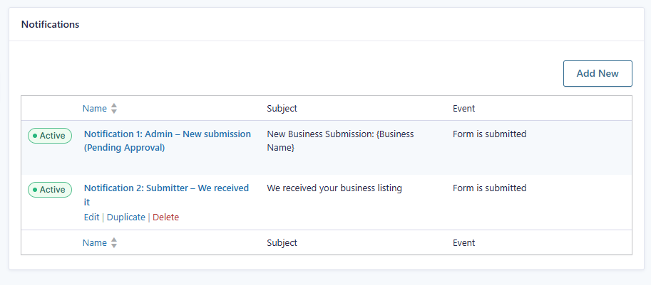 Gravity Forms notifications setup for business directory submission form
