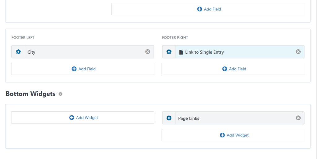 GravityView Multiple Entries footer layout showing City on the left and Link to Single Entry on the right, with Page Links widget enabled.