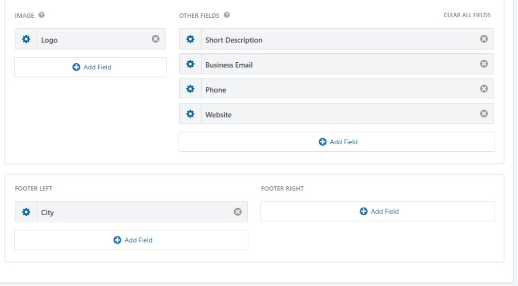 GravityView Single Entry layout showing Logo, Short Description, Business Email, Phone, and Website fields, plus City in the footer section.