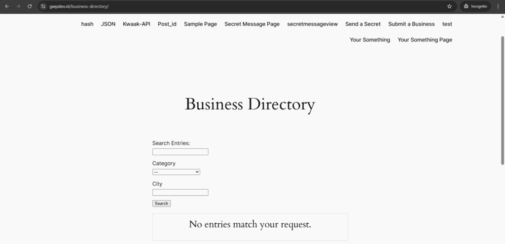 Public business directory shows no entries before admin approval