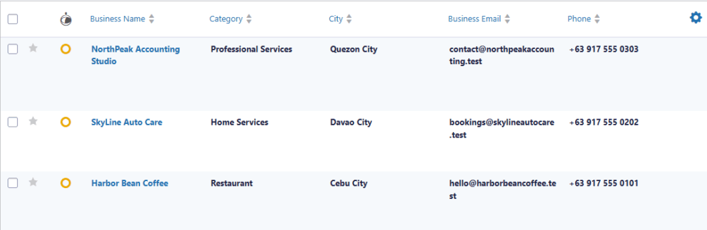Gravity Forms entries list showing pending approval status for directory submissions