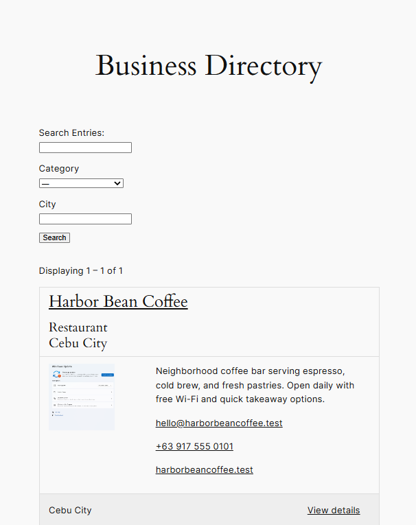 Public business directory showing one approved listing