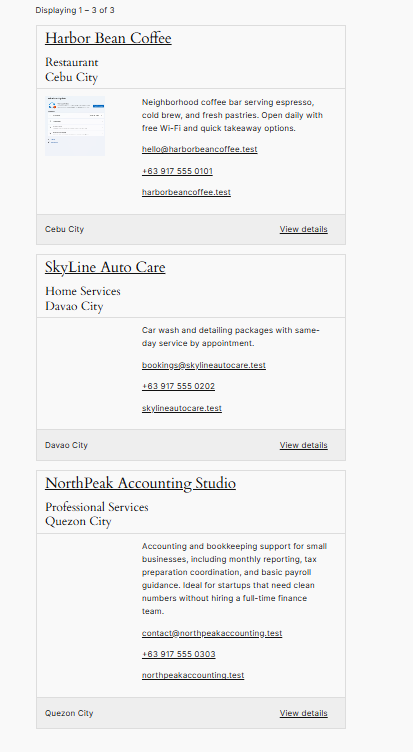 Public business directory showing three approved business listings