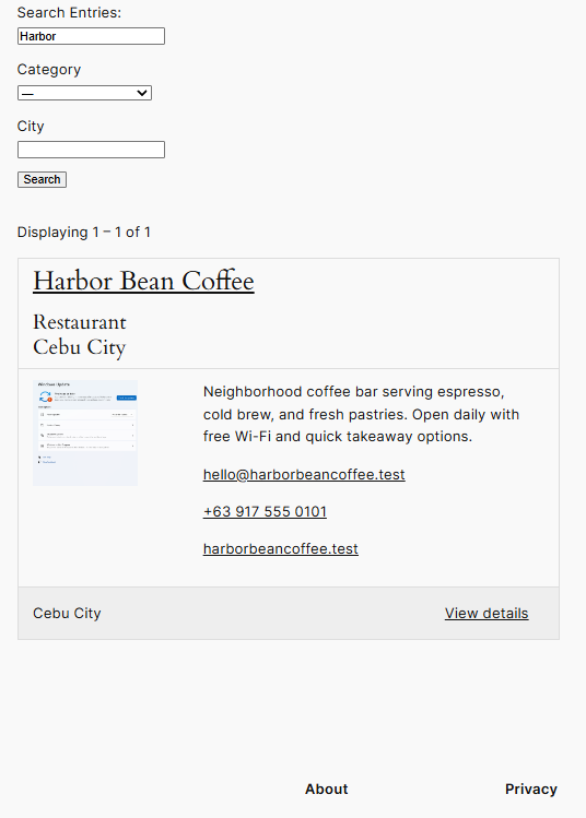 GravityView business directory keyword search returning one matching listing