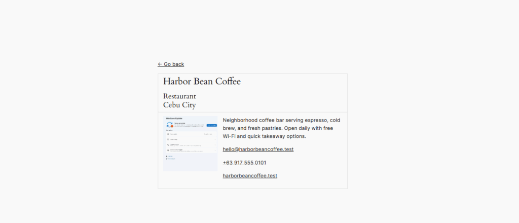 Single business listing profile page with logo, description, email, phone, website