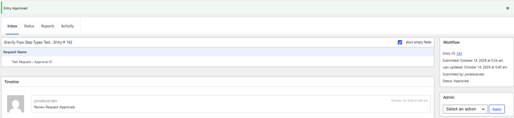 Gravity Flow Approval step test showing Entry 143 approved with the decision recorded in the workflow timeline