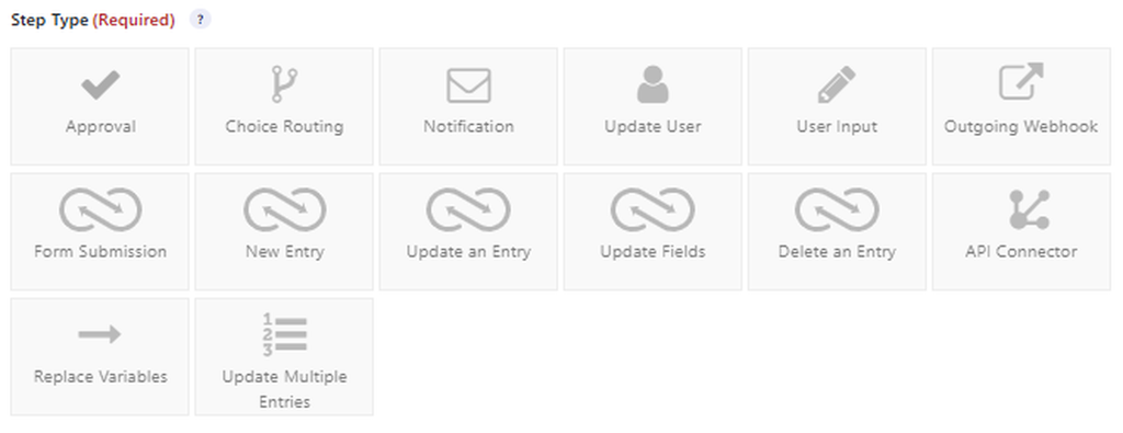 Gravity Flow 3.1.2 workflow step selector showing core steps, Form Connector steps, and additional add-on options in WordPress