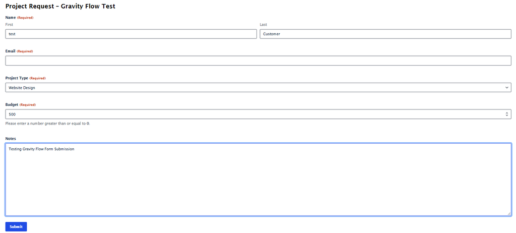 Gravity Forms Project Request form with name, email, project type, budget, and notes fields used to start a Gravity Flow workflow
