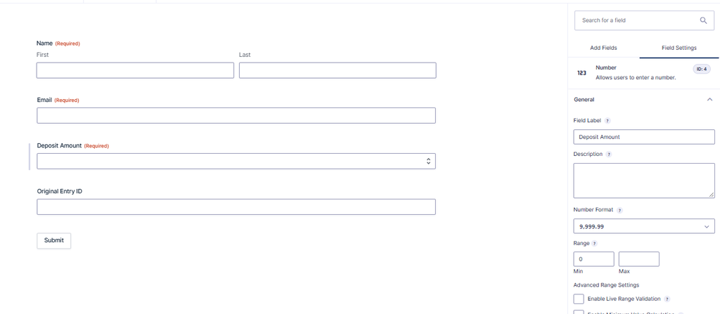 Gravity Forms Deposit Payment form with name, email, deposit amount, and Original Entry ID fields for a two-form workflow