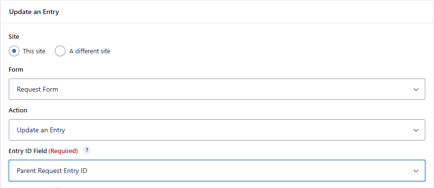 Gravity Flow Update Entry step settings with Request Form selected and Parent Request ID as the source